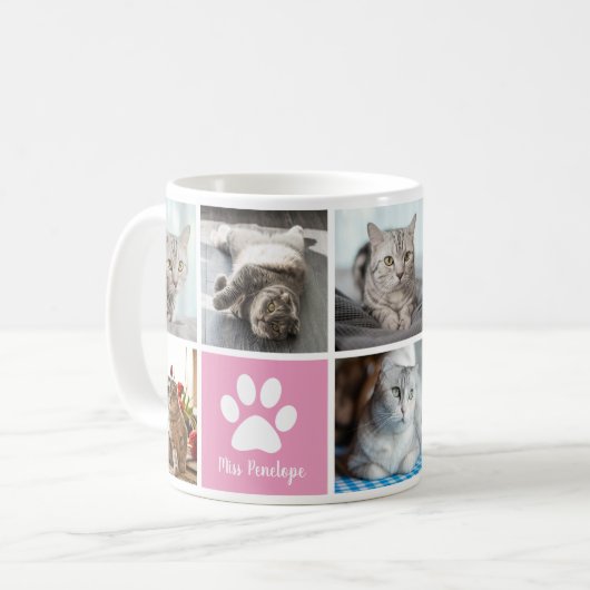 かわいいカスタム猫フォトコラージピンクポープリント コーヒーマグカップ (正面左)
