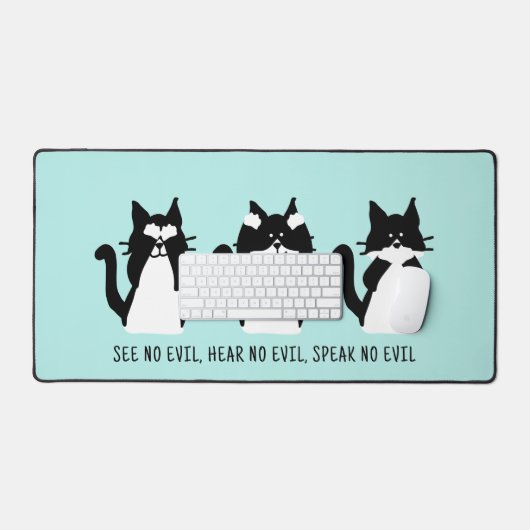かわいいカスタム白黒タキシード猫アクアブルー デスクマット (キーボード&マウス)