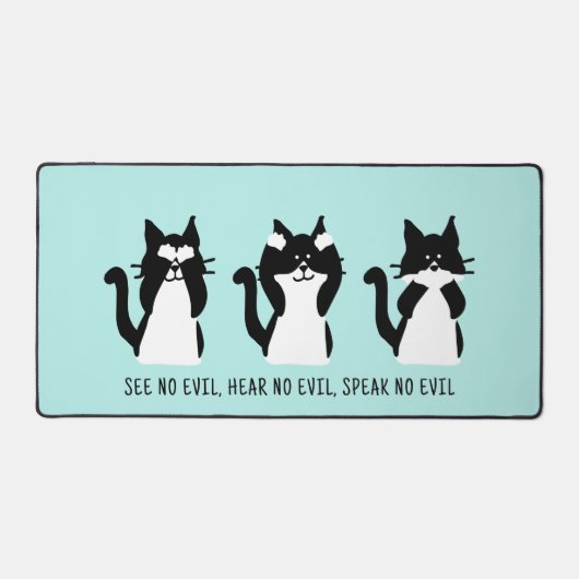 かわいいカスタム白黒タキシード猫アクアブルー デスクマット (正面)