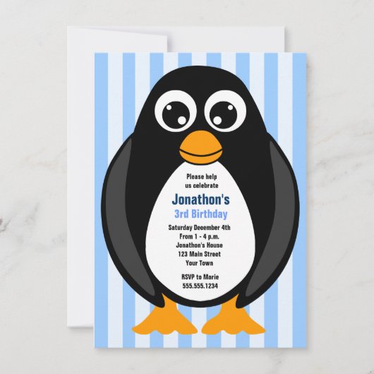 かわいいカスタム誕生日パーティーペンギン招待状-青 招待状 (正面)