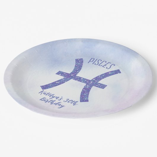 かわいいカスタム魚座サイン紫の誕生日パーティー ペーパープレート (アングル)