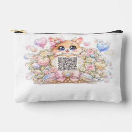 かわいいカスタムQRコード 猫 パステルピンクの花 アクセサリーポーチ