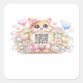 かわいいカスタムQRコード 猫 パステルピンクの花 スクエアシール (正面)