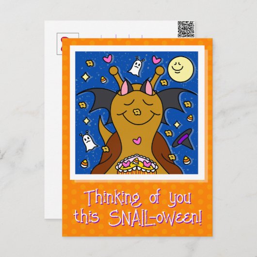 かわいいカタツムリとこうもりウイングハッピーハローウィン シーズンポストカード (正面/裏面)