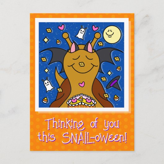 かわいいカタツムリとこうもりウイングハッピーハローウィン シーズンポストカード (正面)