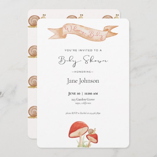 かわいいカタツムリとキノコのベビーシャワー招待状 招待状 (正面/裏面)