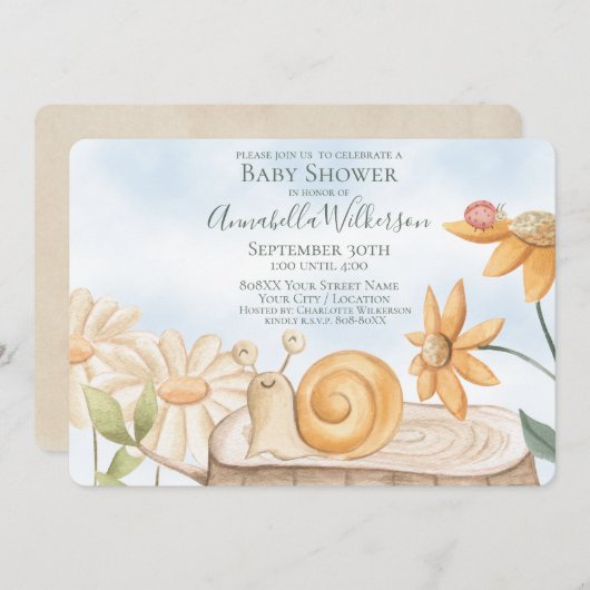 かわいいカタツムリとラディバグガーデンテーマベビーシャワー 招待状 (正面/裏面)