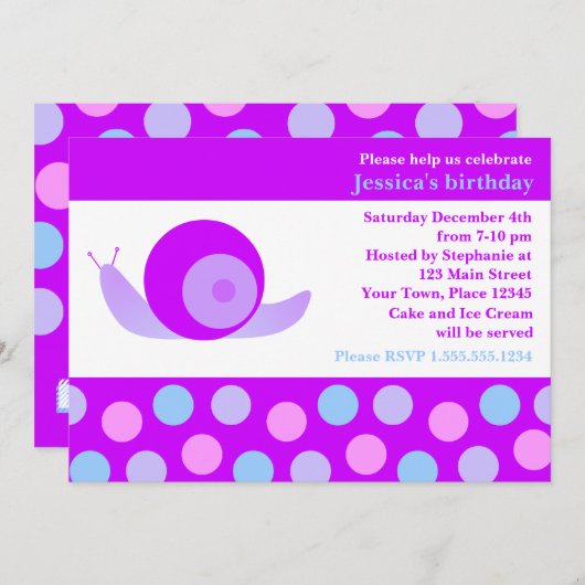 かわいいカタツムリと水玉模様の誕生パーティー-パープル 招待状 (正面/裏面)