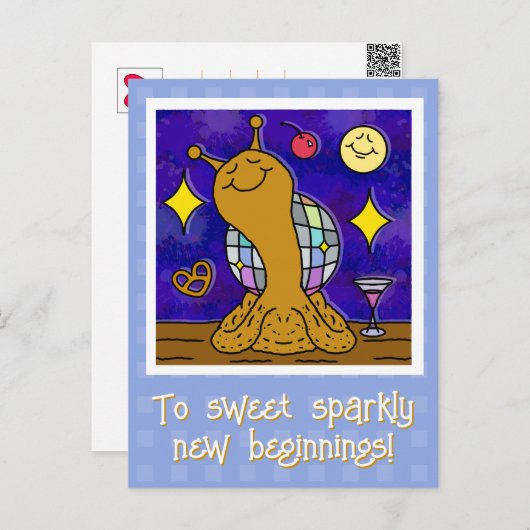 かわいいカタツムリのディスコボール新年おめでとう シーズンポストカード (正面/裏面)