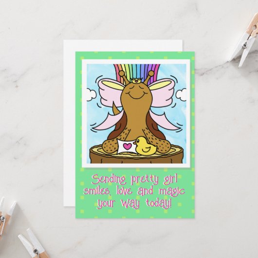 かわいいカタツムリのピンクのヘアリボン女かわいらしの子のスマイル カード (正面/裏面インサイチュ)