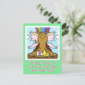 かわいいカタツムリのピンクのヘアリボン女かわいらしの子のスマイル ポストカード (スタンド正面)