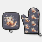 かわいいカタツムリの郵便イラスト - 花とパステルカラーの繊細な世界 鍋つかみ&鍋敷きセット (正面)