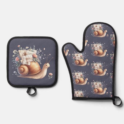 かわいいカタツムリの郵便イラスト - 花とパステルカラーの繊細な世界 鍋つかみ&鍋敷きセット (正面)