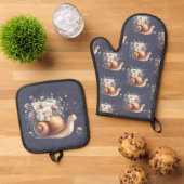 かわいいカタツムリの郵便イラスト - 花とパステルカラーの繊細な世界 鍋つかみ&鍋敷きセット (トップダウン)