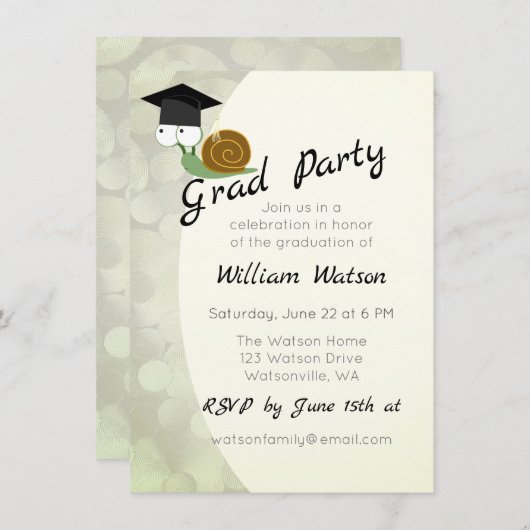 かわいいカタツムリをテーマにした卒業パーティー招待状 招待状 (正面/裏面)