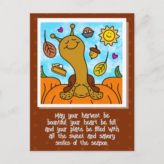 かわいいカタツムリ幸せ感謝祭はがき シーズンポストカード (正面)