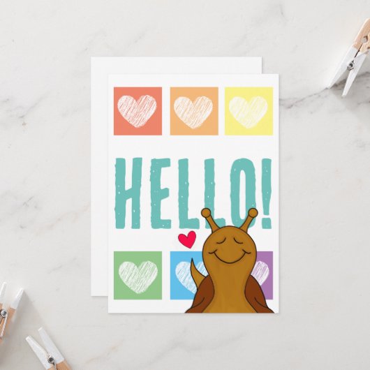 かわいいカタツムリ虹ハートこんにちは | あいさつ カード (正面/裏面インサイチュ)