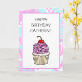 かわいいカップケパーソナライズされたーキ誕生日 カード (黄色い花)