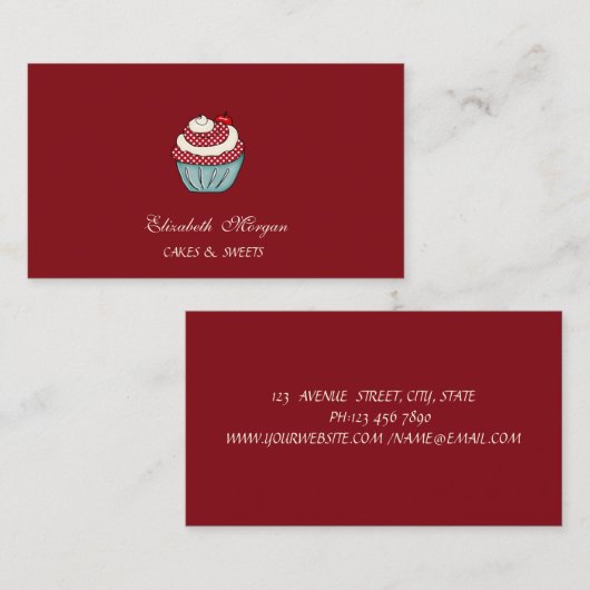 かわいいカップケーキさくらんぼレッドスイーツベーカリー 名刺 (正面/裏面)