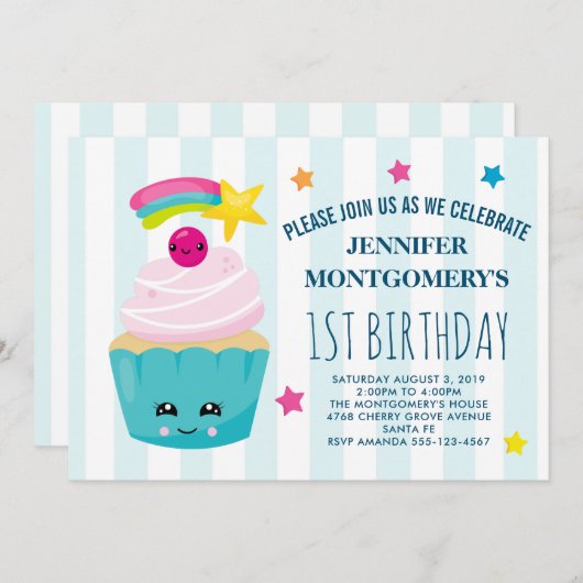 かわいいカップケーキとかわいい顔誕生日 招待状 (正面/裏面)