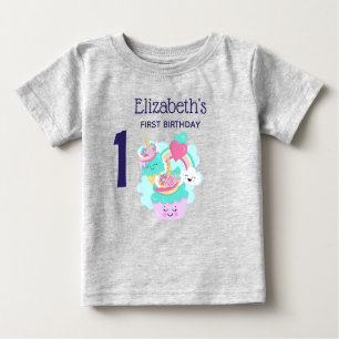 かわいいカップケーキとハッピーアイスクリームファースト誕生日 ベビーTシャツ