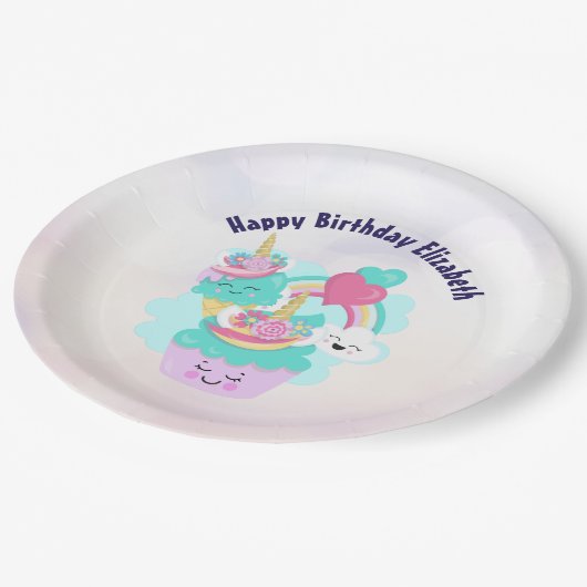 かわいいカップケーキとハッピーアイスクリーム誕生日 ペーパープレート (アングル)