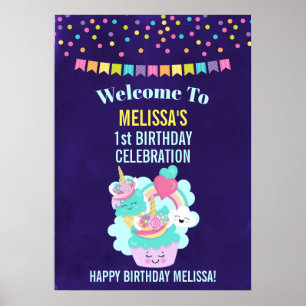 かわいいカップケーキとハッピーアイスクリーム誕生日 ポスター