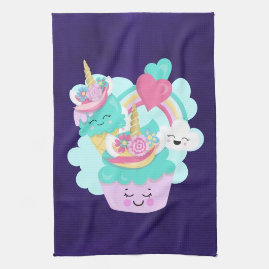 かわいいカップケーキとハッピーアイスクリーム キッチンタオル (縦)