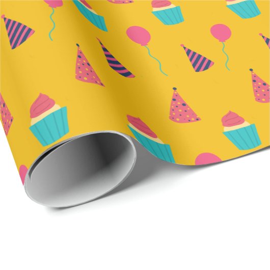 かわいいカップケーキと風船の子供の誕生日 ラッピングペーパー (ロールコーナー)