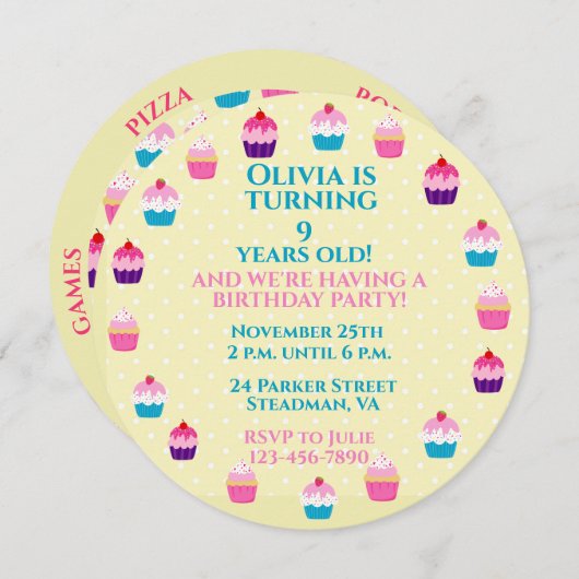 かわいいカップケーキの丸い子供の誕生日パーティー 招待状 (正面/裏面)