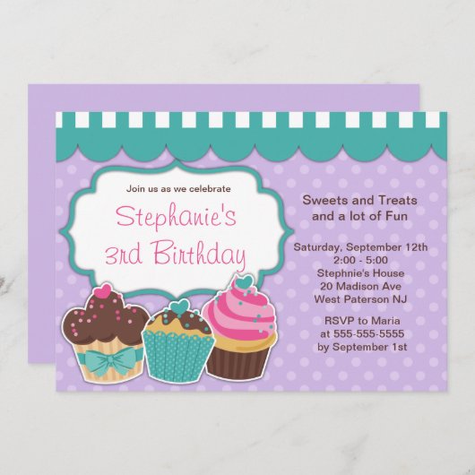 かわいいカップケーキの女の子の誕生日のパーティの招待状 招待状 (正面/裏面)