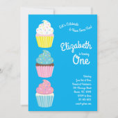 かわいいカップケーキの子どもたち1歳の誕生日パーティー 招待状 (正面)