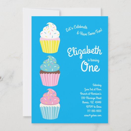 かわいいカップケーキの子どもたち1歳の誕生日パーティー 招待状 (正面)