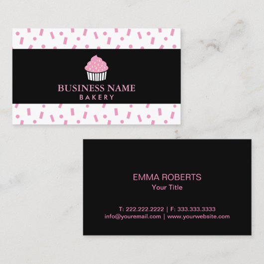かわいいカップケーキの黒のストライプので甘いベーカリー 名刺 (正面/裏面)
