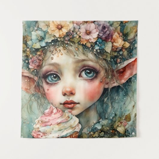 かわいいカップケーキを持つエルフ タペストリー (正面)