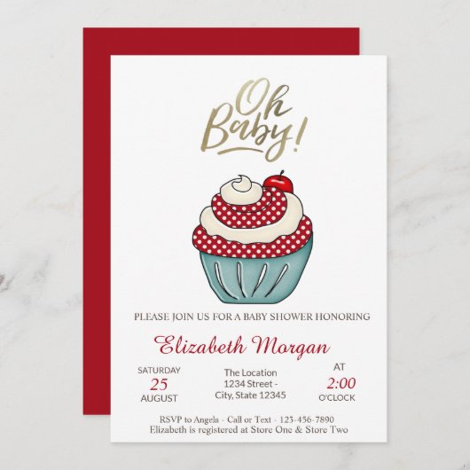 かわいいカップケーキオベビー夏の赤ちゃんシャワー 招待状 (正面/裏面)