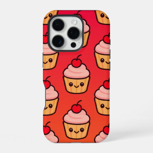 かわいいカップケーキグリッド笑顔の顔とさくらんぼ iPhoneケース (裏面)