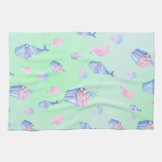 かわいいカップケーキスイートマーメイドバースデーパガーリーーティ キッチンタオル (横)