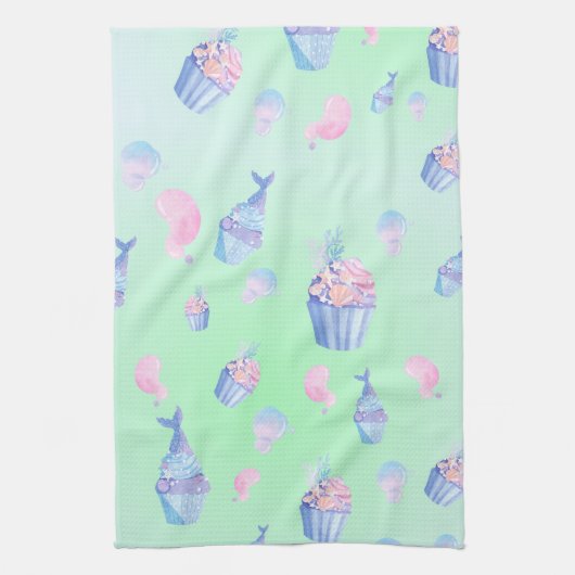 かわいいカップケーキスイートマーメイドバースデーパガーリーーティ キッチンタオル (縦)
