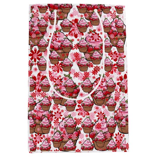 かわいいカップケーキデザイン – かわいいデザートイラストレーション ミディアムペーパーバッグ (正面)