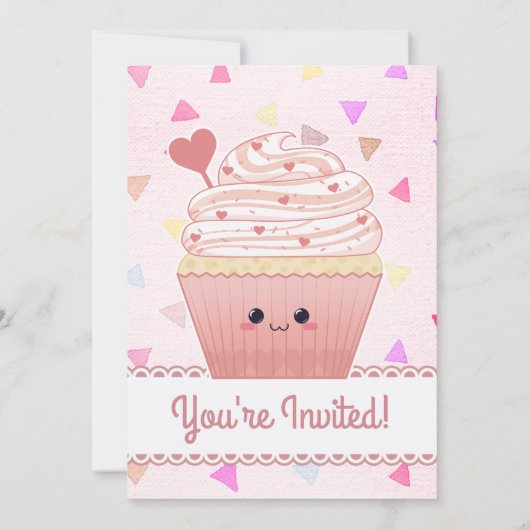 かわいいカップケーキハート ピンク 招待状 (裏面)
