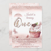 かわいいカップケーキバラ金ゴールドキラキラ蝶ティアラ 招待状 (正面/裏面)