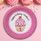 かわいいカップケーキピンクの女の子ハッピー1歳の誕生日 ペーパープレート