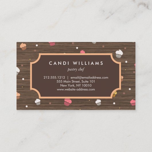 かわいいカップケーキベーカリーパターンドブラウンウッド 名刺 (裏面)