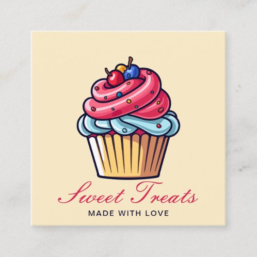 かわいいカップケーキペストリーシェフベーカリーデザートピンク スクエア名刺 (正面)