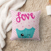 かわいいカップケーキラブピンクティール(緑がかった色)ストライプかわいいガーリー クッション (ブランケット)