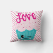 かわいいカップケーキラブピンクティール(緑がかった色)ストライプかわいいガーリー クッション (裏面)