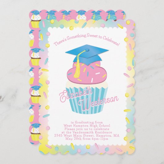 かわいいカップケーキ卒業式パーティー 招待状 (正面/裏面)