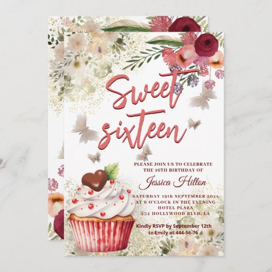 かわいいカップケーキ春バタフライボホフローラスウィート16 招待状 (正面/裏面)