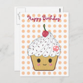 かわいいカップケーキ水玉模様"ハッピーバースデー" ポストカード (正面/裏面)